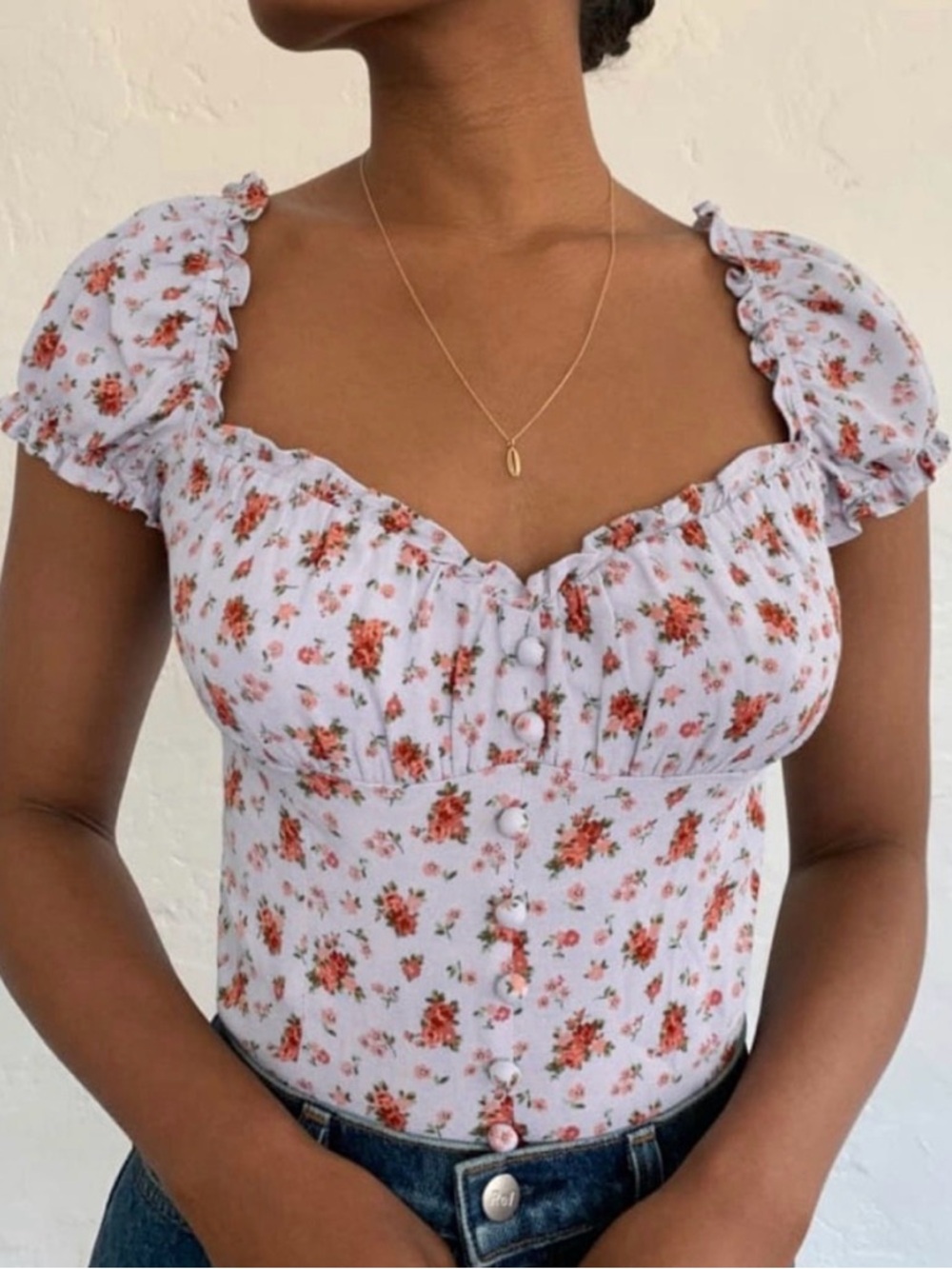 Reformation Bev top in blue floral print, size 6
